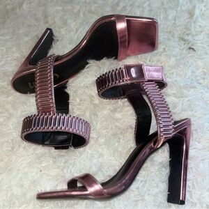 EGO Rose Gold Metallic Strappy Block Heel Sandals | Size 8